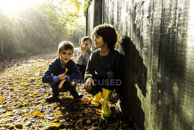 Three young boys, sitting against fence, surrounded by autumn leaves — Stock Photo