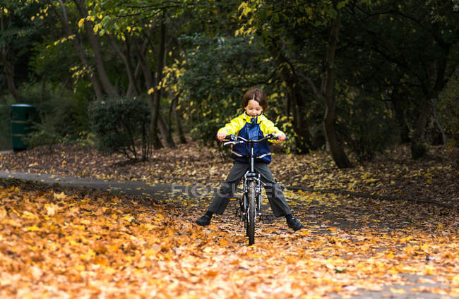 Boy in park riding bicycle in autumn — Stock Photo