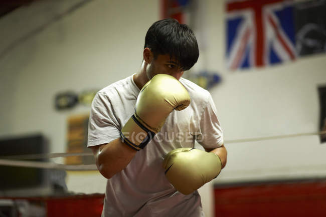 Boxer practising in boxing ring — Stock Photo