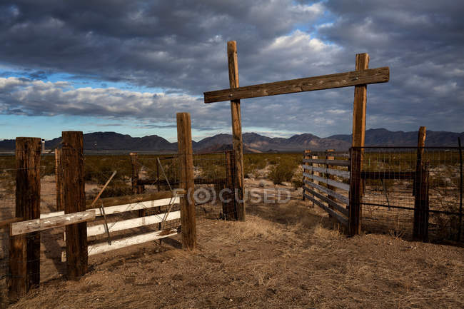 Caneta de gado em paisagem seca — Fotografia de Stock