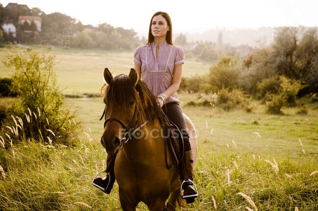 Mulher montando cavalo no campo — Fotografia de Stock