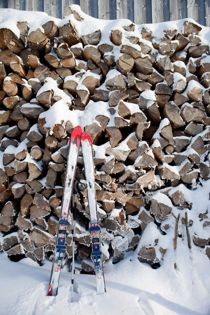 Skis abandonnés appuyés sur une pile de bois de chauffage lors d'une journée enneigée — Photo de stock