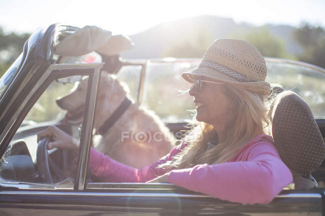 Mulher e cachorro maduros, em carro conversível — Fotografia de Stock
