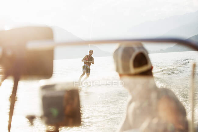 Waterskier waterskiing, Maggiore lake, Verbania, Piedmont, Italy — Stock Photo