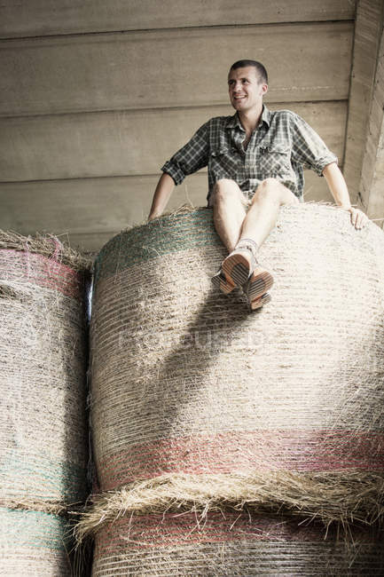 Portrait of young male farmworker on top of haystack in farm barn — Stock Photo