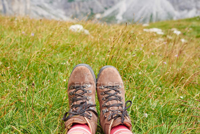 Vista recortada de los pies de los excursionistas que usan libros de senderismo sobre hierba, Austria - foto de stock
