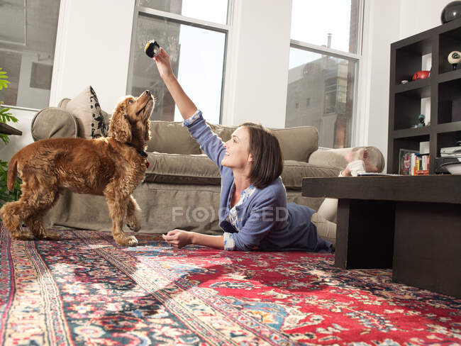 Mitte erwachsene Frau züchtet Hund im Wohnzimmer — Stockfoto