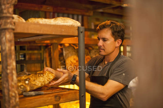 Uomo maturo mettendo pane fresco sugli scaffali — Foto stock