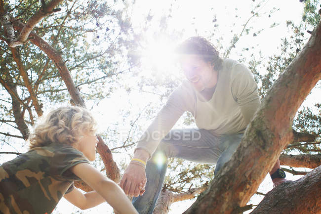 Батько і син скелелазіння дерево — стокове фото