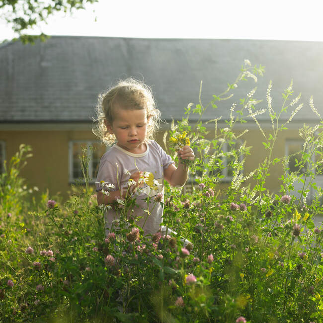 Chica jugando en flores - foto de stock
