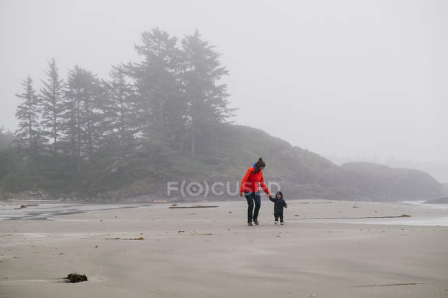 Mãe e filho caminhando na praia nebulosa — Fotografia de Stock