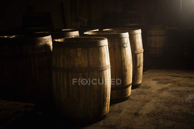 Barili di whisky in legno nel birrificio — Foto stock