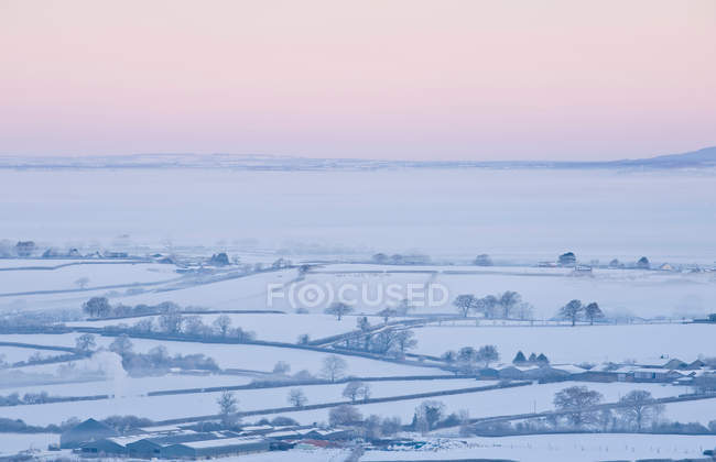 Árboles desnudos en el paisaje rural nevado durante la puesta del sol - foto de stock