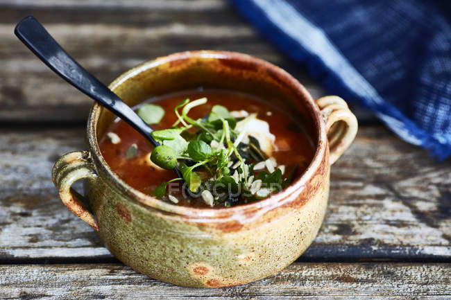Tigela de sopa decorada com agrião na mesa de madeira — Fotografia de Stock