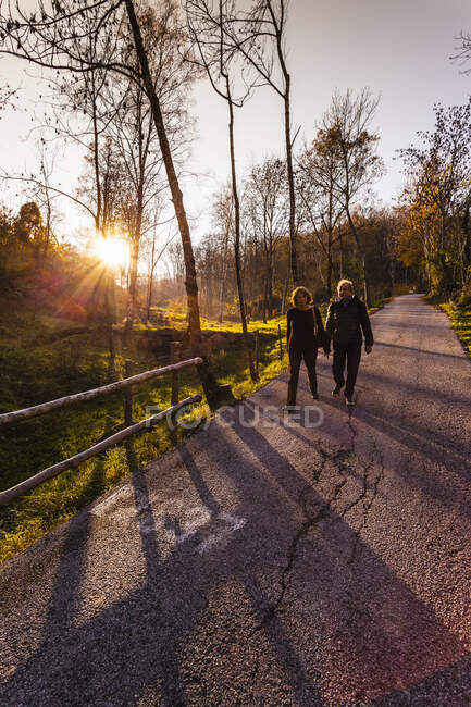 Pareja mayor paseando por la carretera rural iluminada por el sol en otoño, Lombardía, Italia - foto de stock