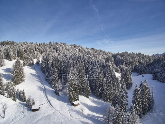 Vista aerea di cabine e montagne innevate con alberi in bavaria, Germania — Foto stock
