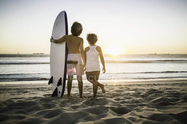 Due giovani ragazzi in piedi sulla spiaggia, con tavola da surf, guardando l'oceano, vista posteriore — Foto stock
