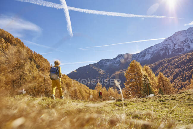 Senderismo femenino, Vista trasera, Vistas de bajo ángulo, Schnalstal, Tirol del Sur, Italia - foto de stock
