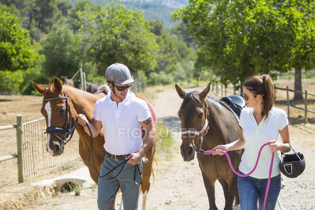 Male and female grooms leading horses from paddock at rural stables — Stock Photo