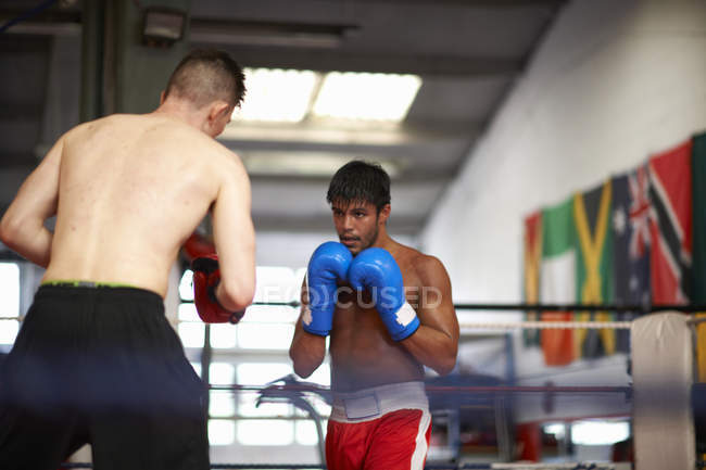 Two boxers sparring in boxing ring — Stock Photo