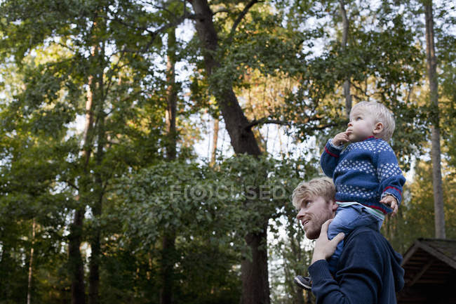 Niño sentado en los hombros del padre - foto de stock