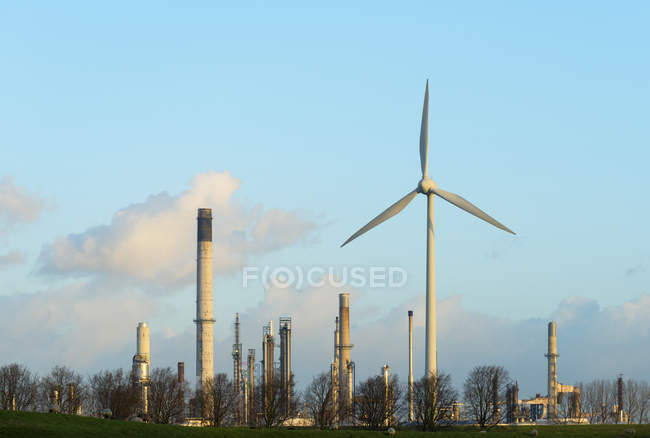 Eolienne devant une raffinerie de pétrole, Rotterdam, Zuid-Holland, Pays-Bas — Photo de stock