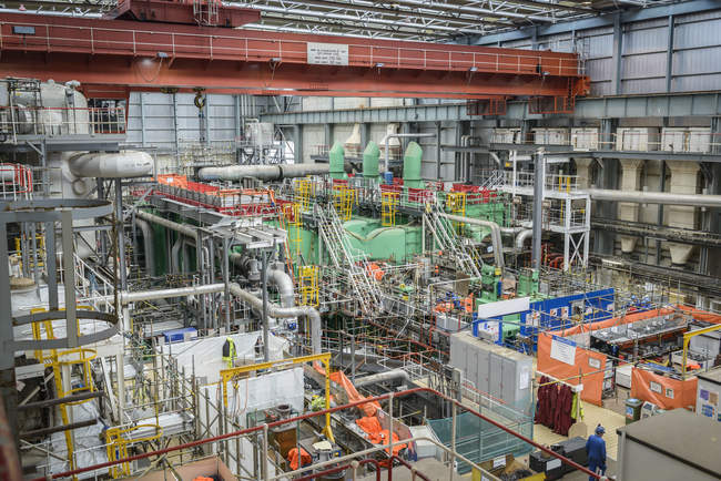 Turbine hall in repair during power station outage, high angle view — Stock Photo