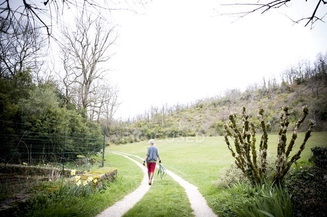 Rear view of woman carrying leeks along garden path — Stock Photo