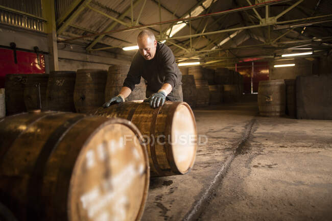 Рабочий, качающий бочку виски на складе виски — стоковое фото