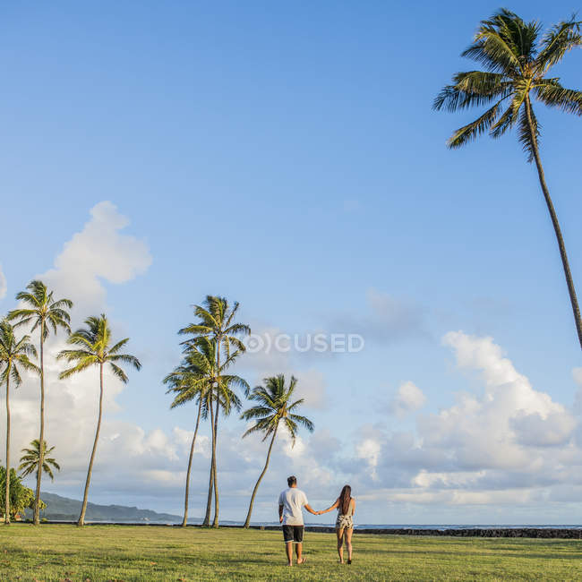 Vista trasera de una joven pareja paseando cerca de la playa de Kaaawa, Oahu, Hawaii, EE.UU. - foto de stock