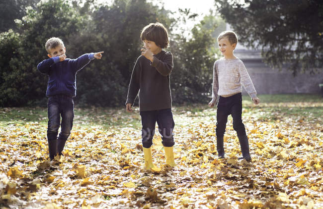 Троє хлопчиків грають на відкритому повітрі, в осінньому листі — стокове фото