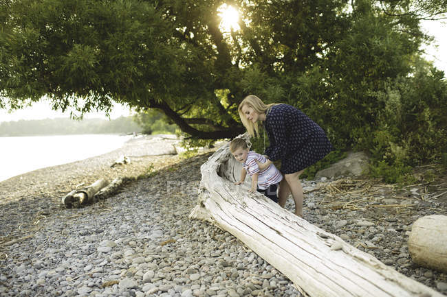 Ragazzo con madre che si arrampica sul tronco d'albero al lago Ontario, Oshawa, Canada — Foto stock