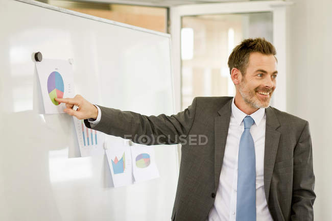 Businessman tacking up posters in office — Stock Photo