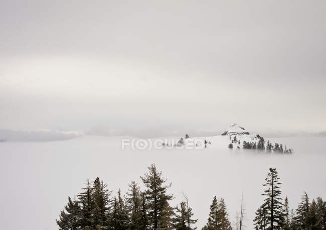Montaña cubierta de nieve en niebla - foto de stock