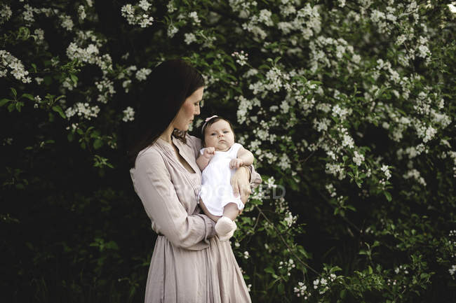 Portrait of baby girl in mothers arms by garden apple blossom — Stock Photo