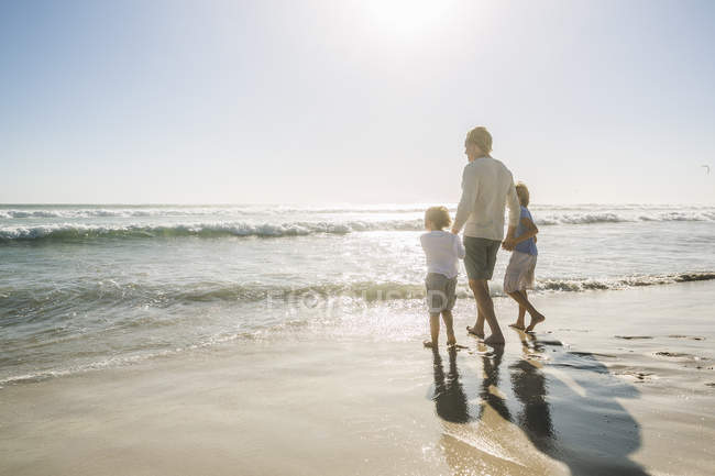 Rear view of father and sons on beach looking away at view — Stock Photo