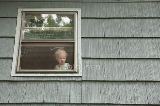 Девушка смотрит в окно — стоковое фото