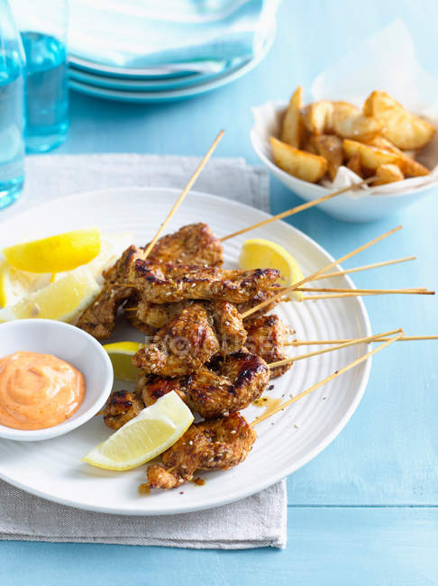 Plate of chicken skewers with sauce — Stock Photo