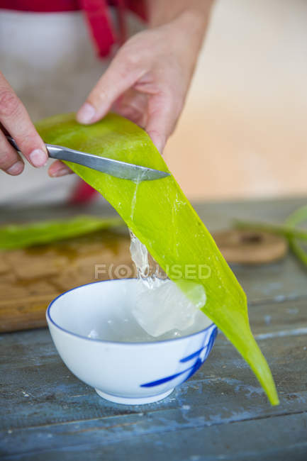 Weibliche Hand schabt Flüssigkeit aus Aloe-Blatt in handgemachter Seifenmanufaktur — Stockfoto