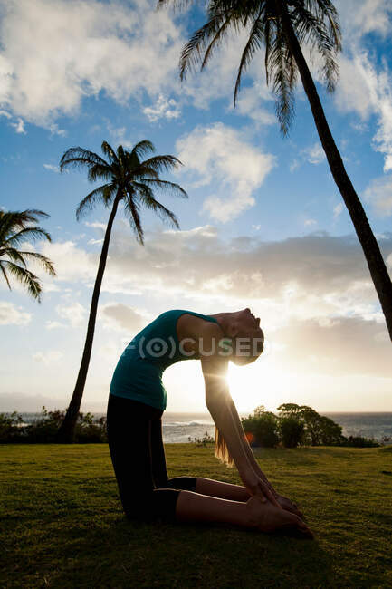 Mulher praticando ioga no campo gramado — Fotografia de Stock