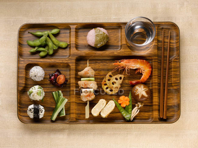 Tray of japanese food — Stock Photo
