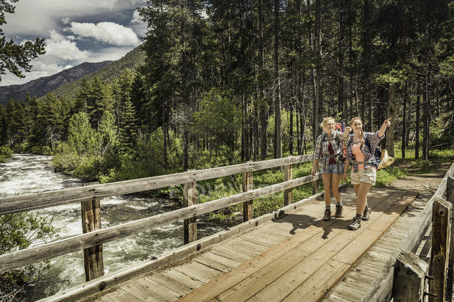 Teenage girl and young female hiker pointing from river footbridge, Red Lodge, Montana, USA — Stock Photo