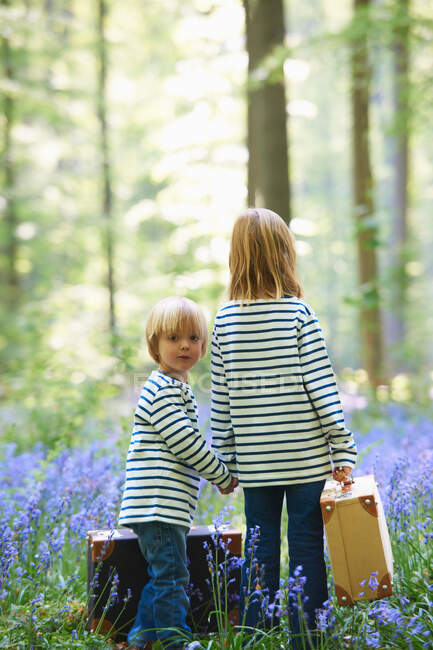 Kids with luggage in field of flowers — Stock Photo