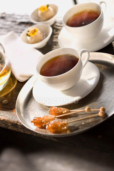 Tea served for two on metal tray — Stock Photo