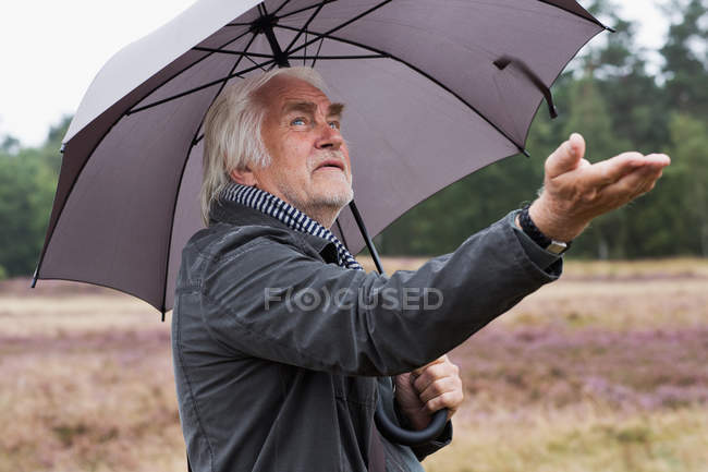 Старший чоловік під парасолькою перевіряє дощ — стокове фото