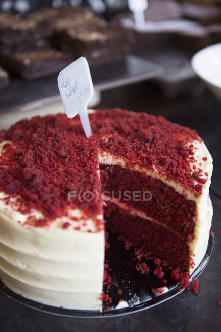 Close up tiro de bolo de veludo vermelho — Fotografia de Stock