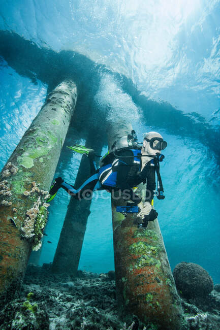 Diver examining underwater shipwreck — Stock Photo