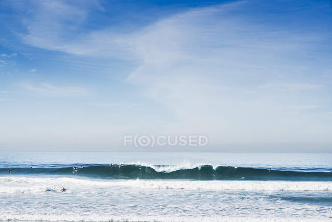 Fernsicht von Surfern auf Ozeanwellen, schwarzem Strand, la jolla, Kalifornien, USA — Stockfoto