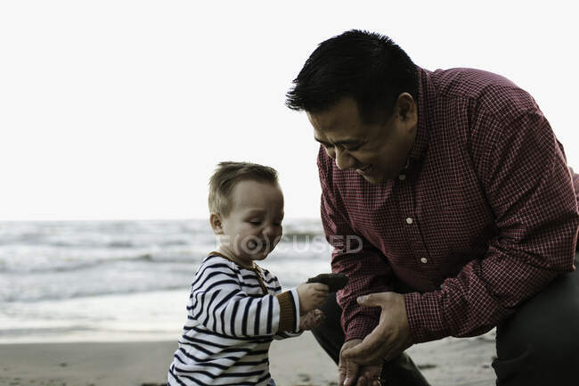 Отец на пляже с маленьким мальчиком, смотрящим на камень — стоковое фото