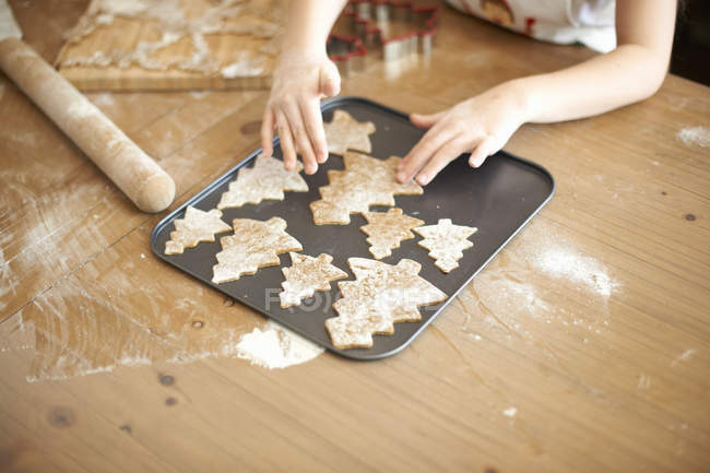 Girl hands placing Christmas tree cookies onto baking tray — Stock Photo